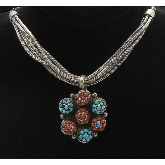 Unbranded Jewelry - MIDDLE EASTERN 925 Silver Vintage Turquoise & Coral Chain Necklace NE1498